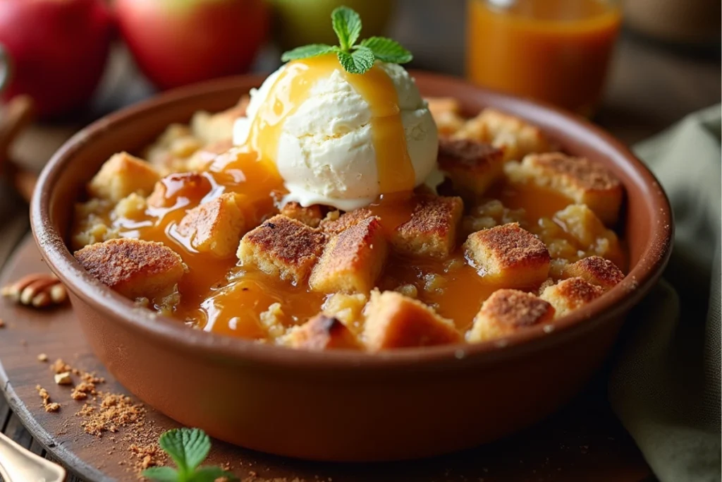 Close-up of a caramel apple bread loaf with a golden crust, gooey caramel topping, and soft apple-filled slices on a rustic table.