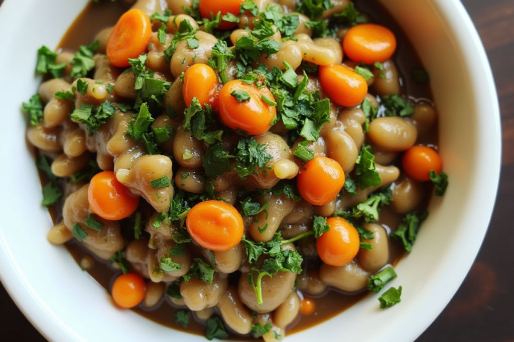 A bowl of Ful Medames garnished with olive oil, parsley, and cumin, accompanied by pita bread, lemon wedges, and fresh chopped vegetables.