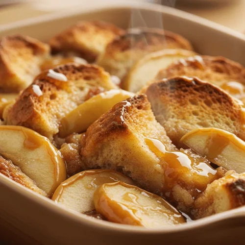Close-up of a caramel apple bread loaf with a golden crust, gooey caramel topping, and soft apple-filled slices on a rustic table.
