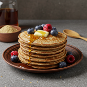 A stack of golden-brown buckwheat pancakes with maple syrup, fresh berries, and butter on a rustic plate, with a bowl of buckwheat flour in the background