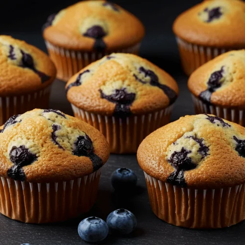 Close-up of golden-brown blueberry muffin tops with a light sugar dusting on a rustic wooden table
