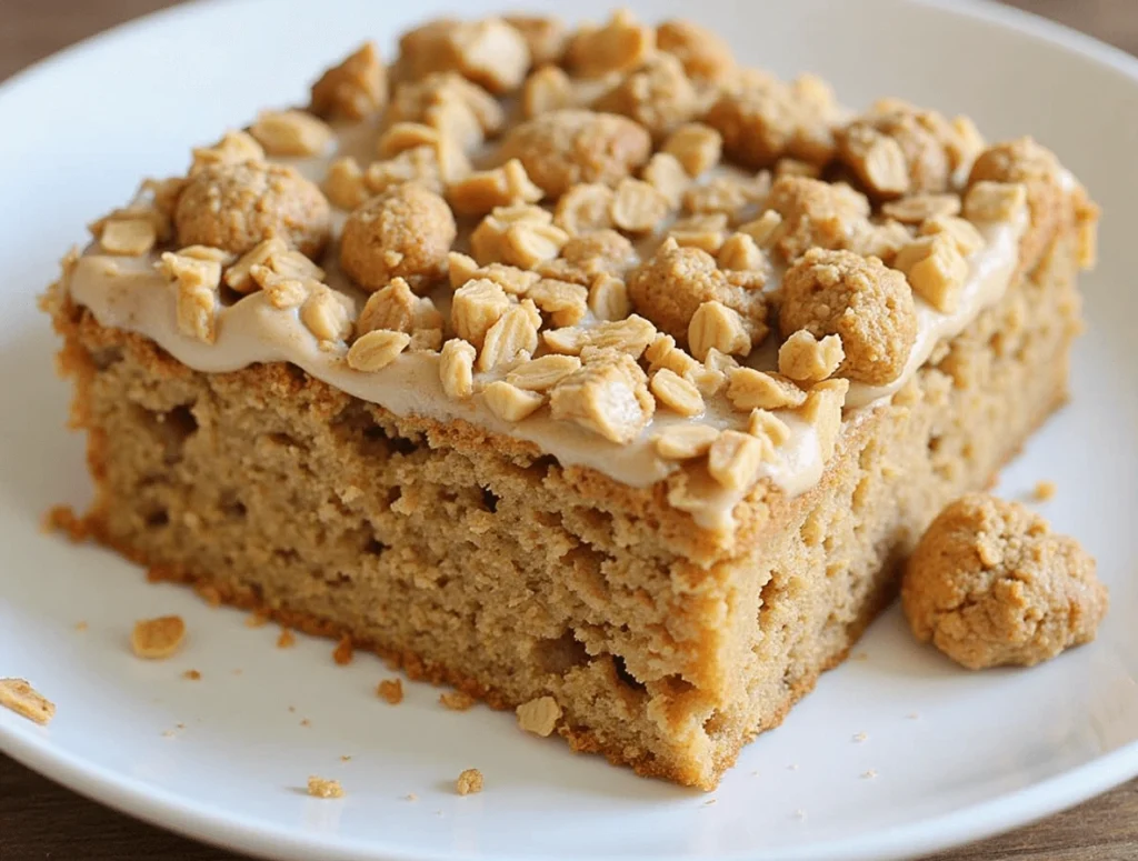 Homemade apple oatmeal cake with caramelized apple topping on a wooden table, with a slice cut out, showing its moist, oat-filled texture.