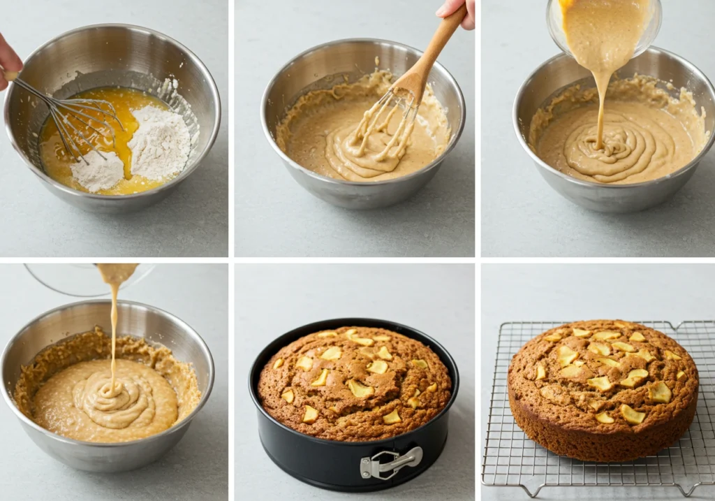 "Step-by-step process of making apple oatmeal cake, from mixing ingredients to baking and cooling in a cozy kitchen setting."