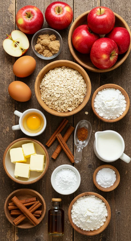 Flat lay of apple oatmeal cake ingredients, including apples, oats, cinnamon, flour, eggs, and brown sugar on a rustic wooden surface.