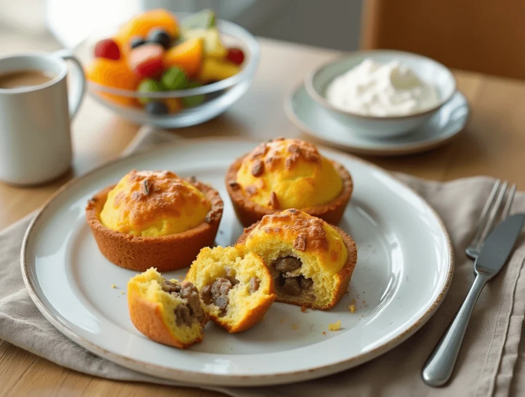 A beautiful breakfast spread featuring sausage egg muffins, fruit salad, Greek yogurt, and coffee, set in a cozy dining setting.