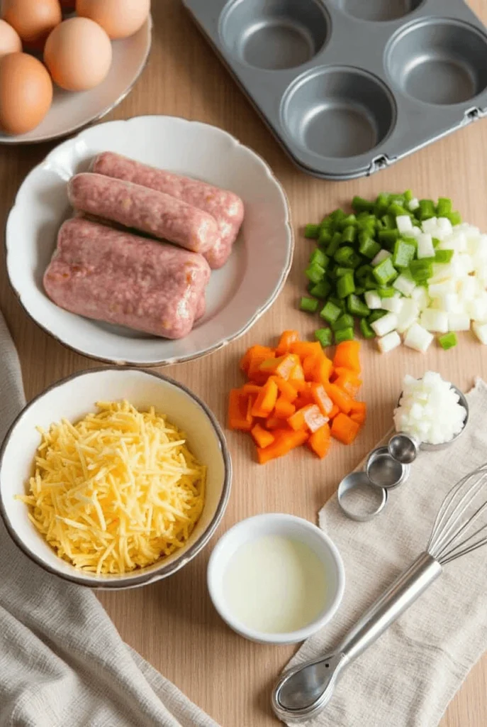 A variety of ingredients for sausage egg muffins arranged on a wooden counter, including eggs, sausage, cheese, and chopped vegetables.