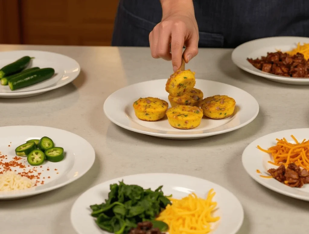 Sausage egg muffins surrounded by ingredients for different variations, including jalapeños, spinach, and bacon, in a warm kitchen setting.