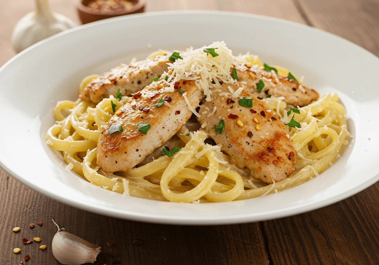 A plate of creamy Garlic Parmesan Chicken Pasta with sliced golden-brown chicken breast, topped with parmesan shavings and parsley, served on a rustic table.