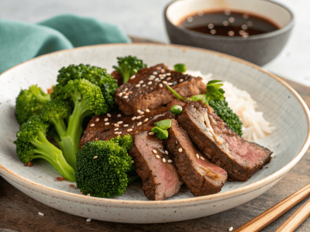 "Plate of tender beef and broccoli stir-fry, garnished with sesame seeds and green onions, served with rice."