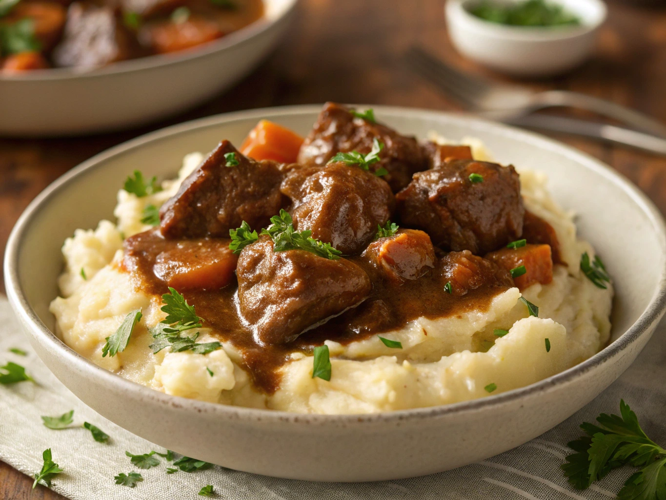 "Beef tips and gravy served over creamy mashed potatoes with fresh herbs on a rustic wooden table."