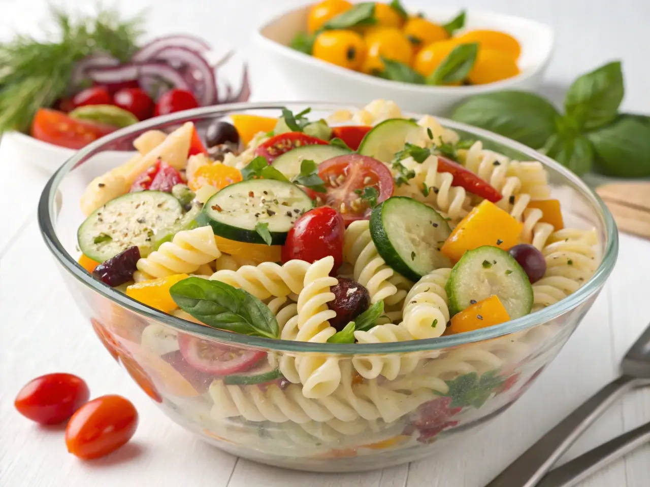 A colorful pasta salad with rotini, fresh vegetables, and feta cheese in a rustic bowl, drizzled with dressing and garnished with parsley and lemon.