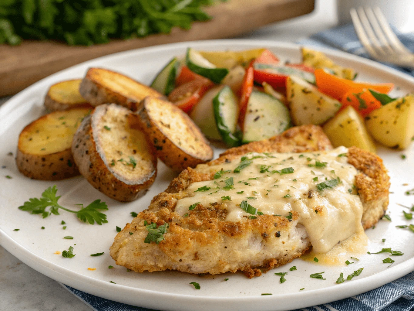 A close-up of garlic parmesan chicken and crispy potatoes served on a rustic plate, garnished with fresh parsley.