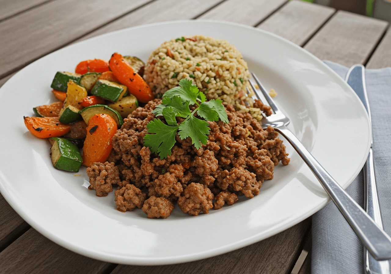 Delicious ground beef dish served with rice and fresh vegetables on a rustic wooden table.