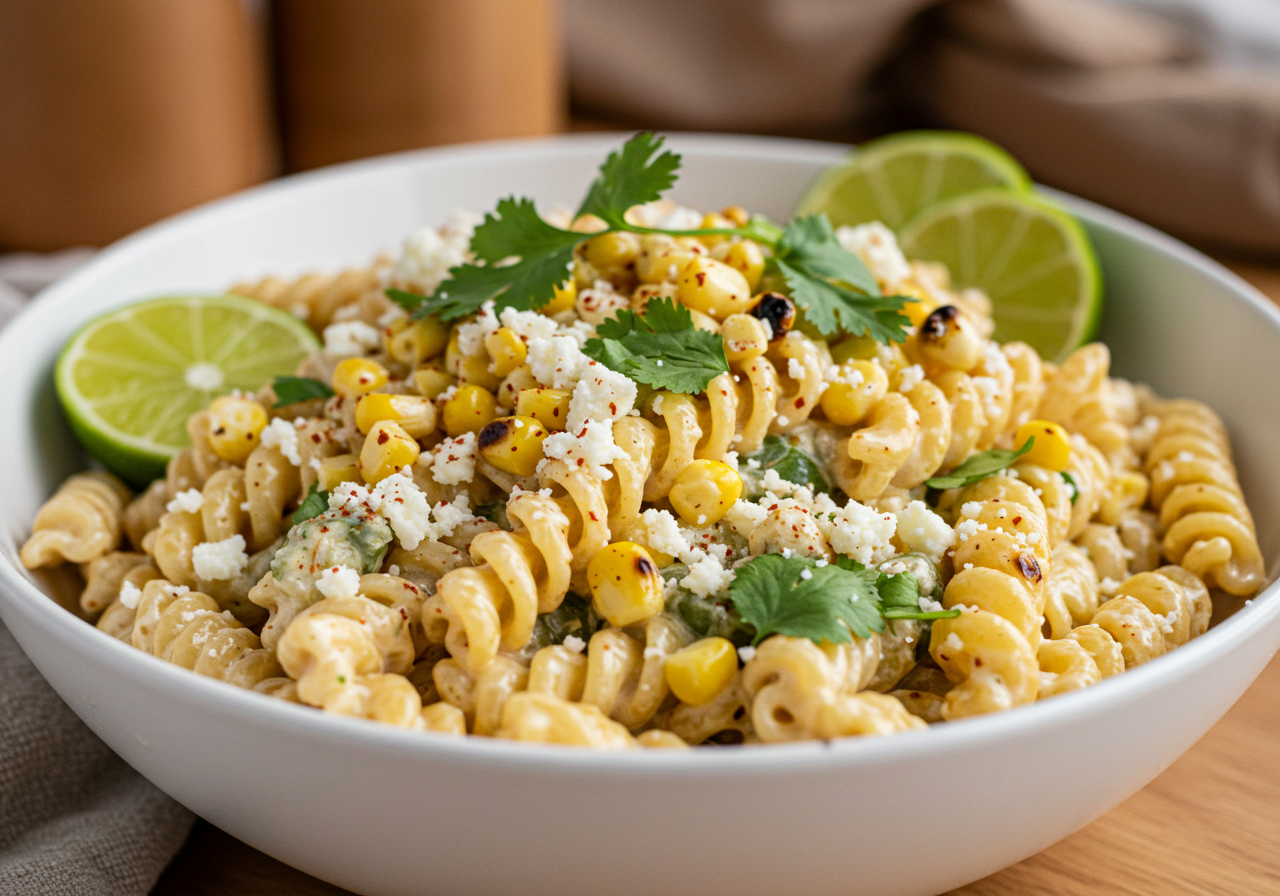 A bowl of creamy elote pasta salad with grilled corn, Cotija cheese, cilantro, and chili powder, served with lime wedges.