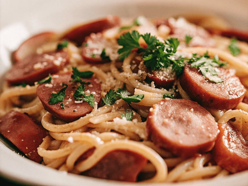 A bowl of creamy Kielbasa pasta with sausage slices, garnished with fresh parsley, accompanied by a side of garlic bread.